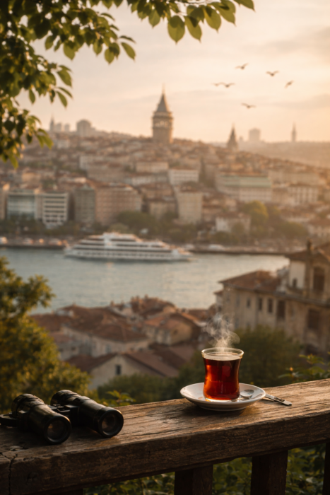 İstanbul'un bir bardak çay eşliğinde bir tepeden görüntüsü