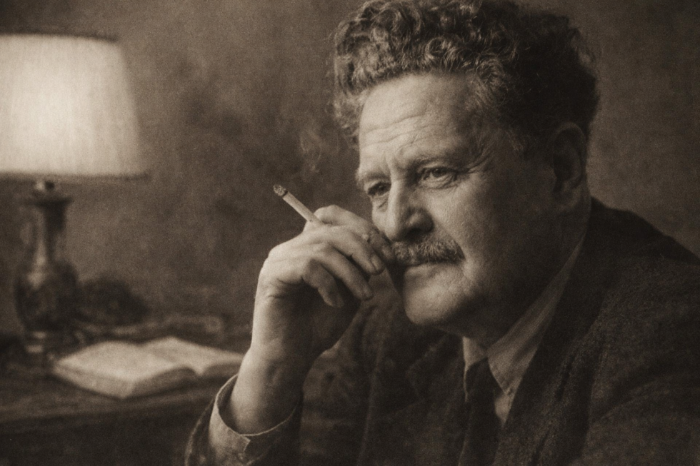 Nazım Hikmet’in sepya tonlarında portresi, elinde sigara ile düşünceli bir şekilde otururken çekilmiş klasik şair fotoğrafı.