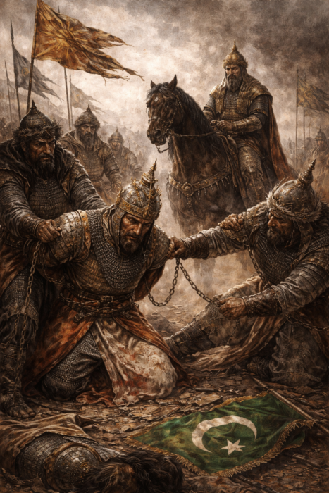 Ankara Savaşı sonrası Yıldırım Bayezid’in esir alındığı anı ve Timur kuvvetlerini gösteren tarihî savaş tasviri.