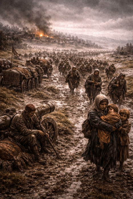 Balkan Savaşları sırasında geri çekilen Osmanlı askerleri ve göç eden sivilleri gösteren, yenilgi ve çözülme duygusunu yansıtan tarihî sahne.