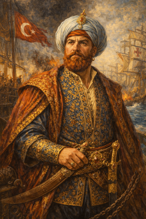 Osmanlı kaptan-ı deryası Barbaros Hayreddin Paşa’nın Akdeniz’deki deniz savaşı fonunda betimlenen tarihi portresi.