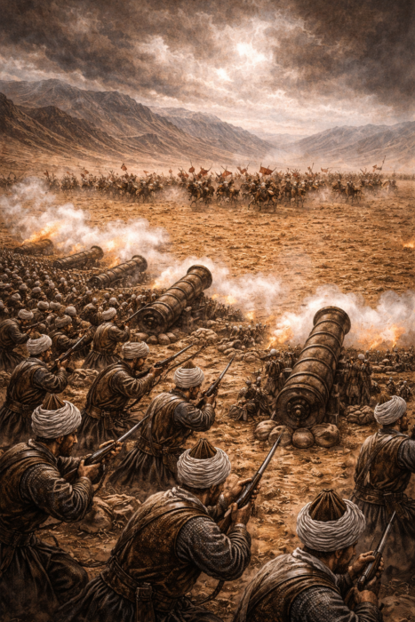 Çaldıran Savaşı’nda Osmanlı topçu ve tüfekçi hattı ile Safevi süvarilerinin karşı karşıya geldiği tarihî savaş görseli.