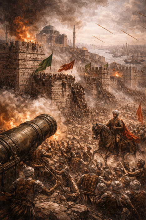 İstanbul’un Fethi sırasında Osmanlı topları, surlara dayanan merdivenler ve kuşatma anını gösteren tarihî fetih sahnesi.