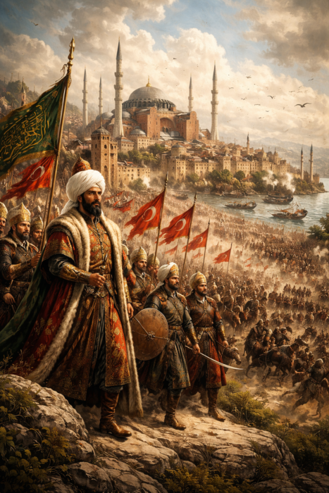 1453 İstanbul’un Fethi sırasında Fatih Sultan Mehmet ve Osmanlı ordusunun surların önünde ilerleyişini ve Ayasofya’nın bulunduğu İstanbul silüetini tasvir eden tarihsel illüstrasyon.