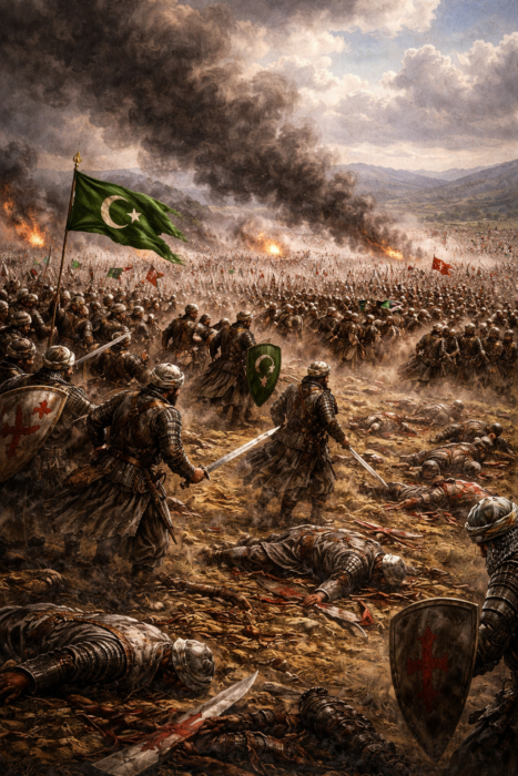 I. Kosova Savaşı’nın ağır atmosferini, çatışma alanını ve Osmanlı ordusunun savaş düzenini yansıtan tarihî görsel.