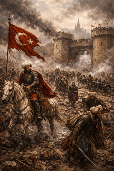 1683 II. Viyana Kuşatması sırasında Osmanlı ordusunun Viyana surları önünde savaşını ve kuşatmanın başarısızlıkla sonuçlanmasını tasvir eden dramatik tarihsel savaş illüstrasyonu.