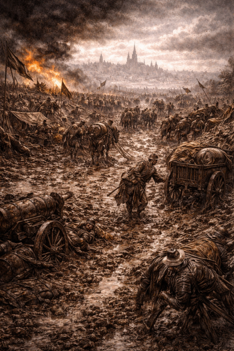 II. Viyana Kuşatması sonrasında geri çekilen Osmanlı ordusunu, çamur, yıkım ve bozgun atmosferiyle gösteren tarihî sahne.