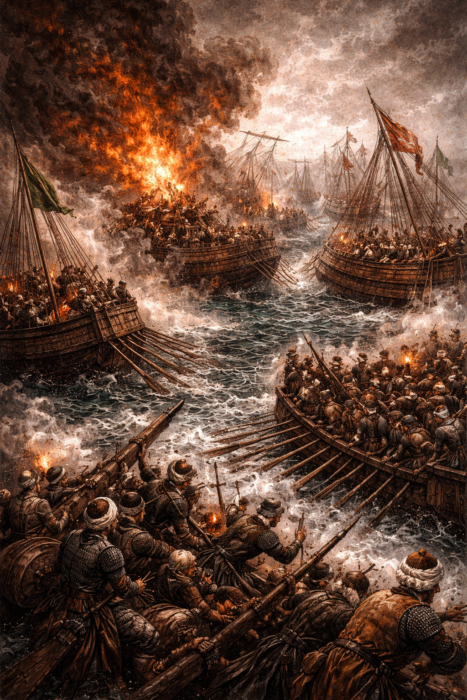 İnebahtı Savaşı’nda alev alan kadırgalar, kürekçiler ve deniz üstündeki çarpışmayı gösteren Osmanlı deniz savaşı görseli.