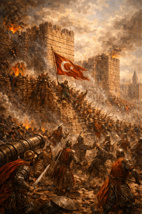 1453 İstanbul’un fethi sırasında Osmanlı askerlerinin Bizans surlarına hücum ettiği ve Osmanlı sancağının surlara dikildiği tarihi savaş sahnesi illüstrasyonu.