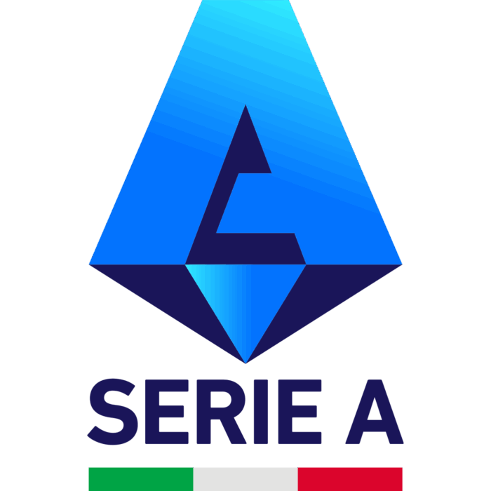 Açık mavi arka plan üzerinde Serie A lig logosu; stilize edilmiş geometrik bir “A” harfi ve altında “SERIE A” yazısı