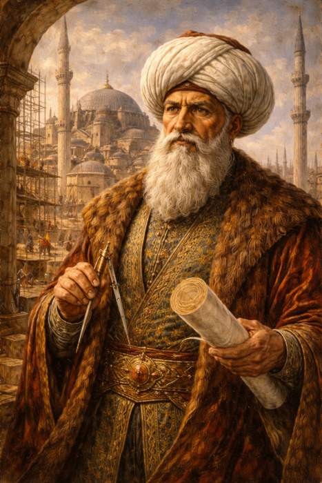 Mimar Sinan elinde pergel ve plan rulosu tutarken arka planda ustalık eseri Selimiye Camii’nin yükseldiği Osmanlı mimarisini betimleyen sanatsal tasvir.