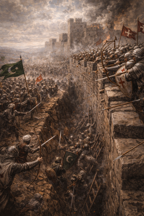 Niğbolu Savaşı’nda Osmanlı ordusu ile Haçlı kuvvetleri arasında yaşanan büyük meydan savaşını gösteren tarihî sahne.