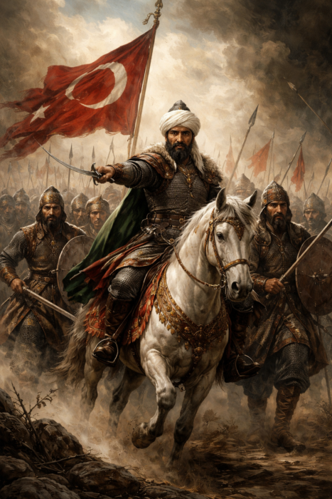 Osman Gazi ve savaşçıları, Osmanlı İmparatorluğu’nun kuruluş dönemini tasvir eden tarihi savaş sahnesi illüstrasyonu.