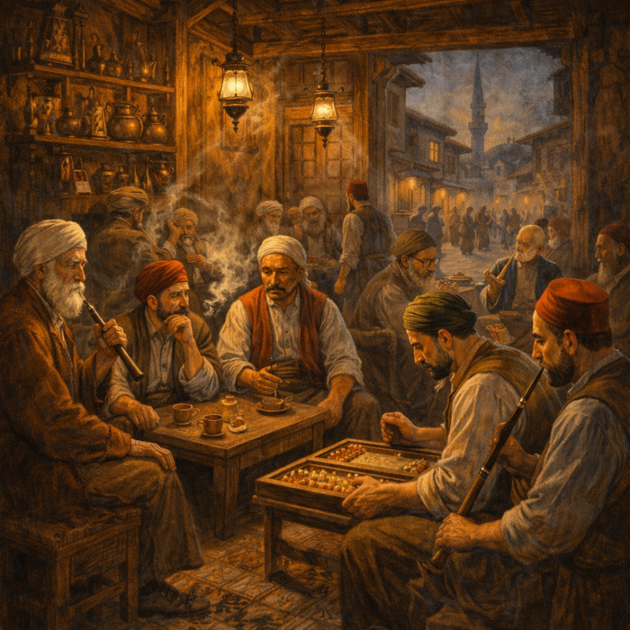 Osmanlı'da kahvehanede oturan insanlar