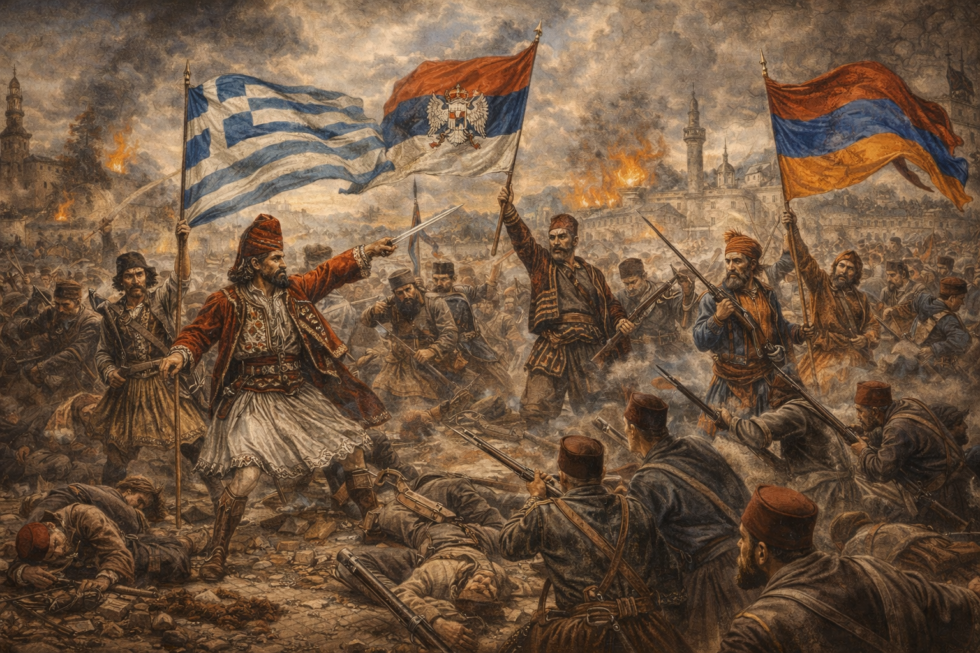 19. yüzyılda Osmanlı İmparatorluğu’na karşı Balkanlarda yükselen milliyetçi isyanları tasvir eden, farklı milletlerin bayraklarıyla Osmanlı askerleriyle çatıştığı dramatik tarihsel savaş sahnesi illüstrasyonu.