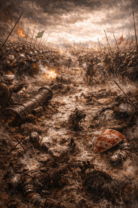 Mohaç Savaşı’nda bataklık zeminde çöken Macar hattını ve Osmanlı saldırısının etkisini gösteren tarihî meydan savaşı sahnesi.