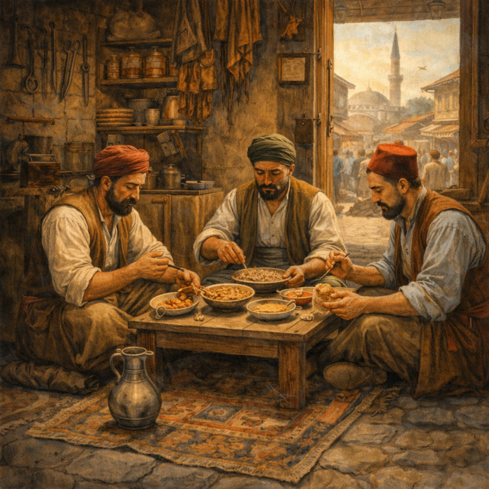 OSmanlı'da öğle vakti bir sofra başında eymek yiyen 3 adam.