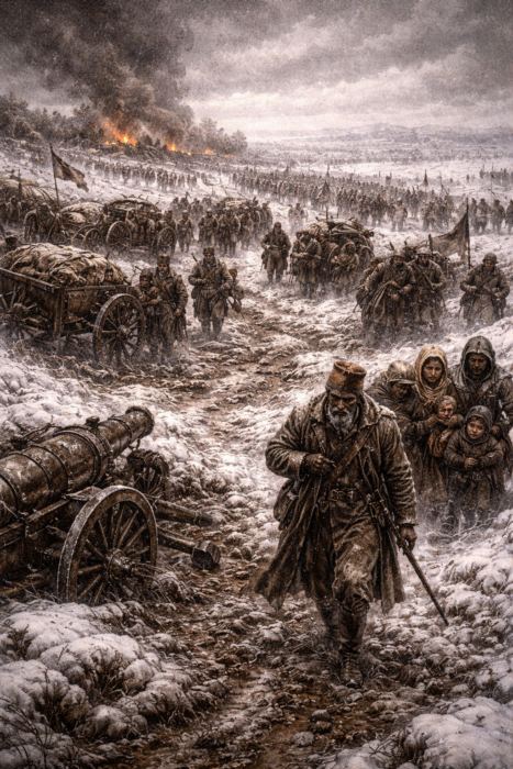1877-1878 Osmanlı-Rus Savaşı sırasında karlı arazide ilerleyen yorgun Osmanlı askerleri ve sivilleri gösteren tarihî savaş görseli.