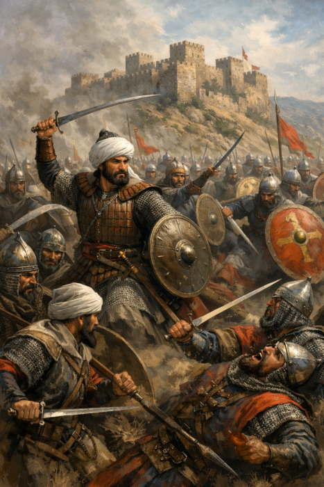 Koyunhisar Savaşı’nda Osmanlı askerleri ile Bizans kuvvetleri arasında yaşanan yakın çatışmayı gösteren tarihî savaş görseli.