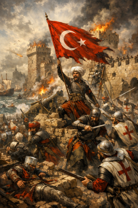 1522 Rodos Kuşatması sırasında Osmanlı askerlerinin kale surları önünde savaştığı ve Osmanlı bayrağının yükseldiği dramatik tarihsel savaş sahnesini tasvir eden illüstrasyon.