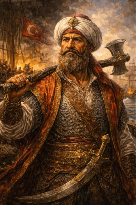 Osmanlı deniz komutanı Turgut Reis’in savaş sahnesi önünde baltasıyla tasvir edildiği sanatsal portre.